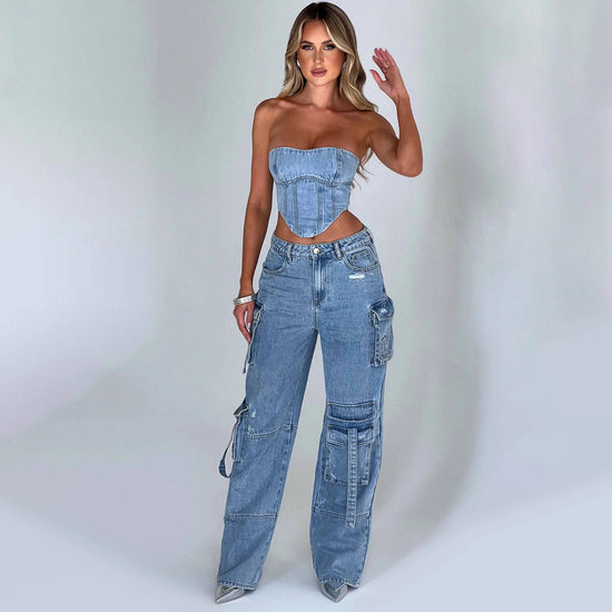 Jean Large Femme Taille Basse en Denim | Low Waist Wide Leg Denim Jeans