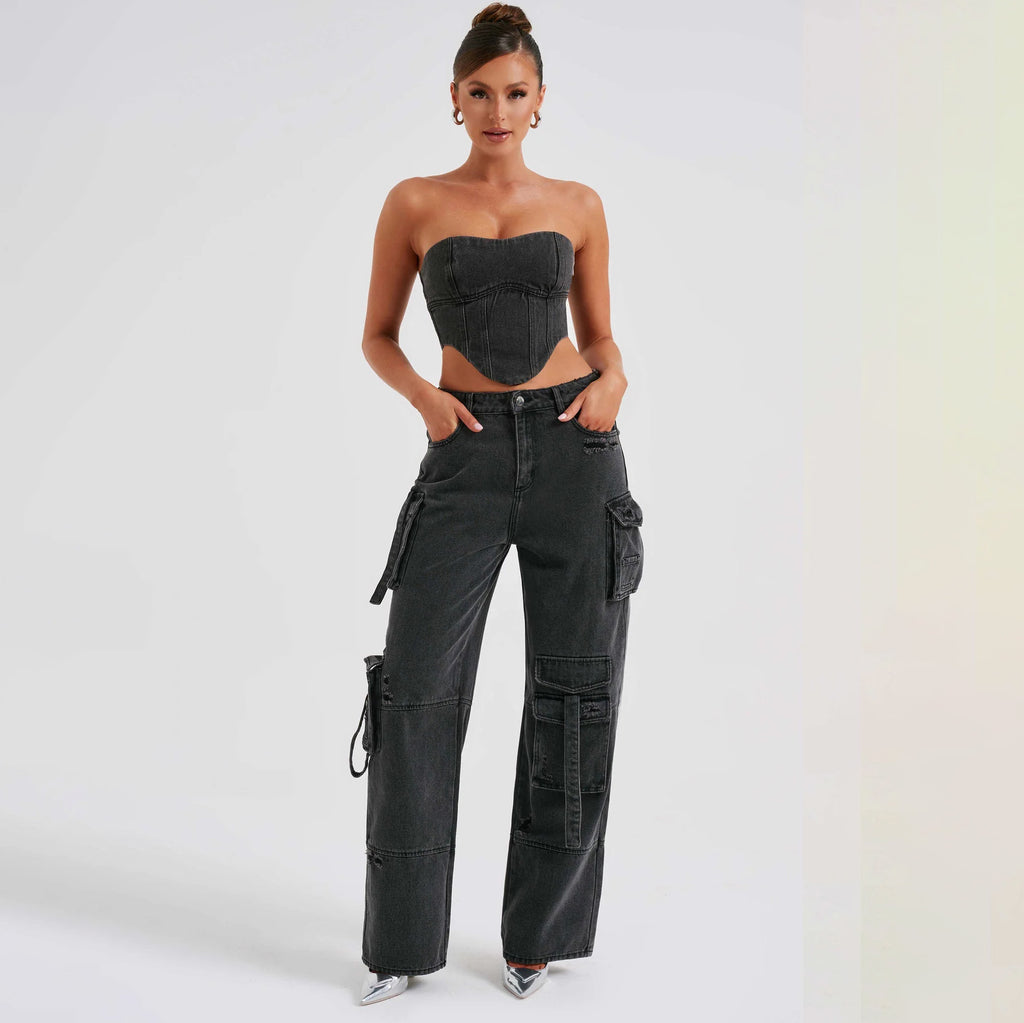 Jean Large Femme Taille Basse en Denim | Low Waist Wide Leg Denim Jeans